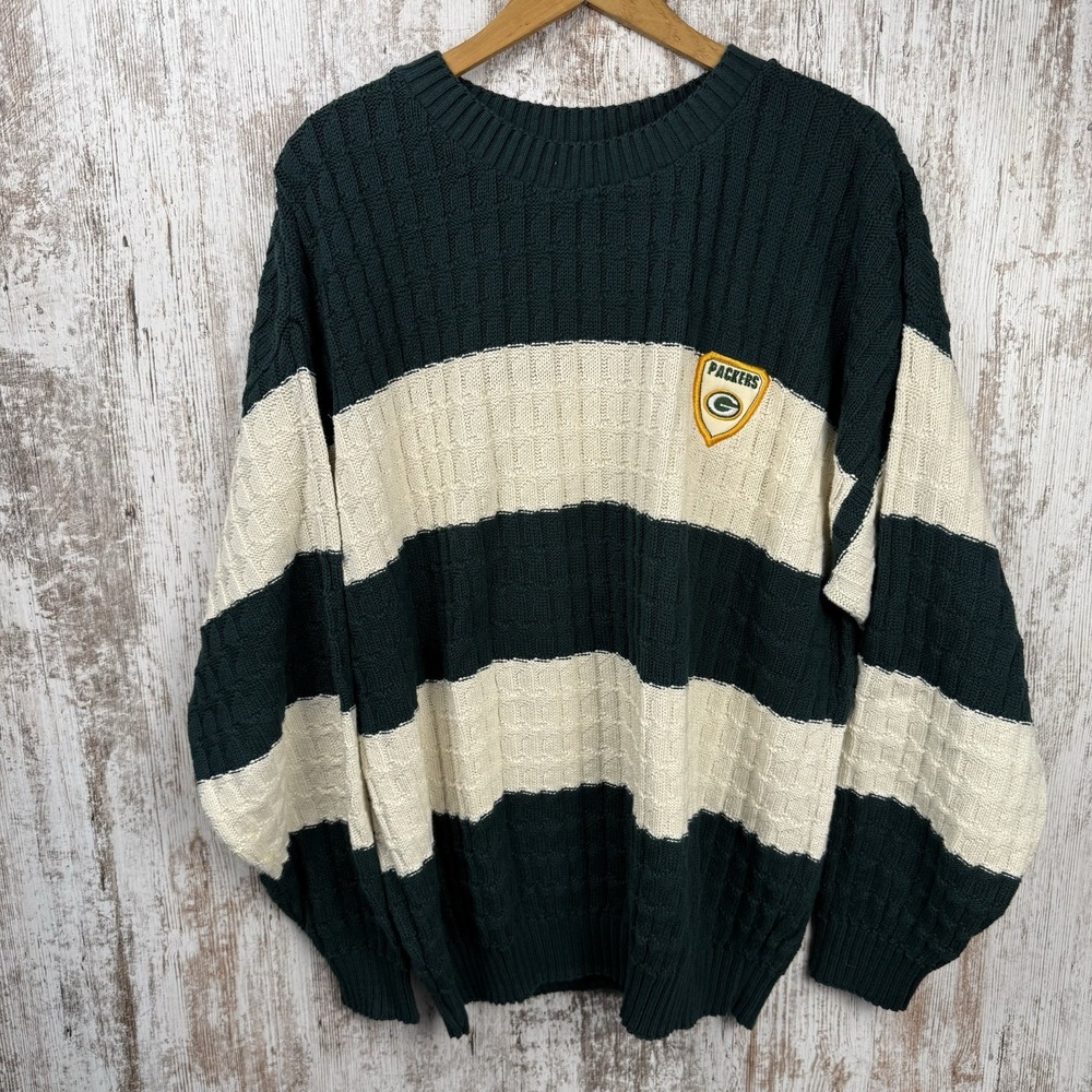 VTG Green‎ Bay Packers Sweater Rugby Knit Striped Sweater Oversized USA Sz XL